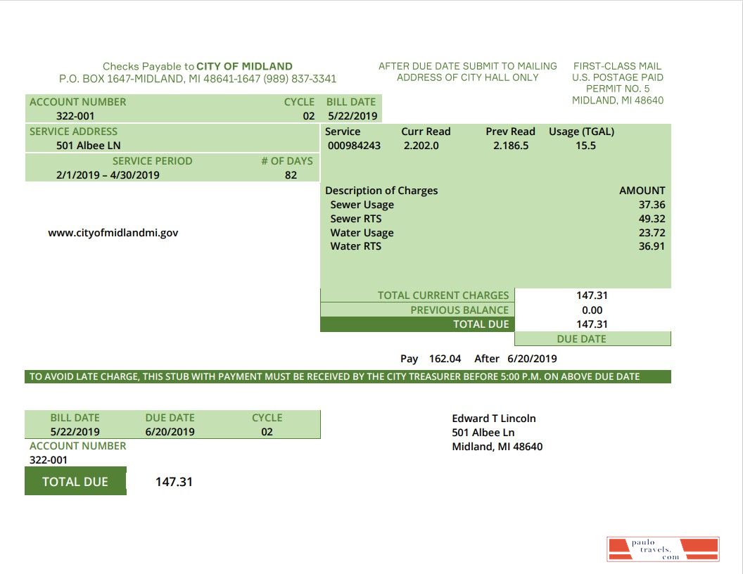 USA Michigan water utility bill template in Word and PDF (.doc and .pdf) format